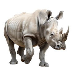 Obraz premium White Rhinoceros in Motion: A powerful and majestic white rhinoceros walks with purpose, showcasing its impressive size and distinctive features.