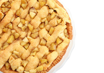 One tasty homemade apple pie isolated on white, top view