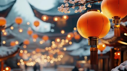 Naklejka premium A street scene with lanterns hanging from the trees