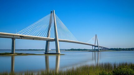 Fototapeta premium Modern cable-stayed bridge spanning a calm river under a clear blue sky.