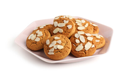 Tasty cookies with almond flakes isolated on white