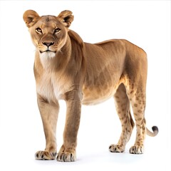 Obraz premium Majestic Lioness: A powerful and regal lioness stands confidently, her gaze intense and unwavering. Her golden coat and piercing eyes convey strength and determination.