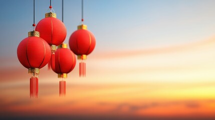 Fototapeta premium Three red lanterns hanging from the ceiling