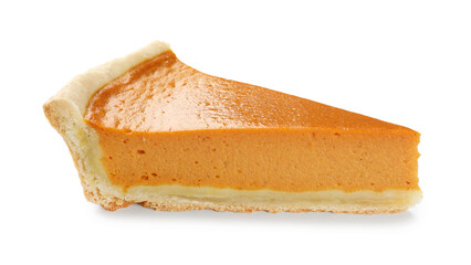 Piece of tasty homemade pumpkin pie isolated on white