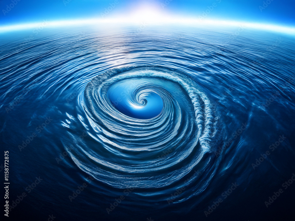 Poster a mesmerizing spiral vortex in a deep blue ocean, extending to a bright horizon under a clear sky. t