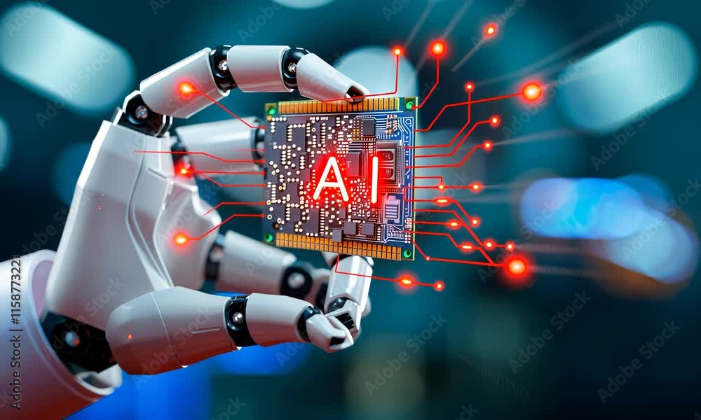 Aufkleber ai circuitry: a robotic hand holding a microchip illuminated with 'ai