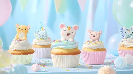 Whimsical cupcakes topped with cute animal figurines and colorful sprinkles