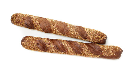 Fresh baguettes with sesame isolated on white, top view