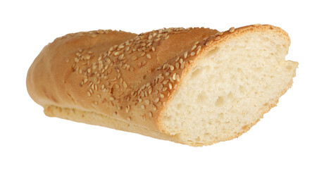Cut fresh baguette with sesame isolated on white