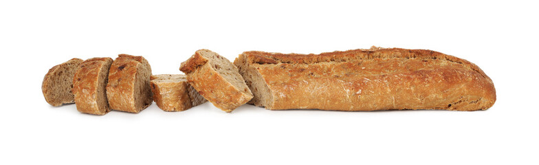 Cut freshly baked baguette isolated on white