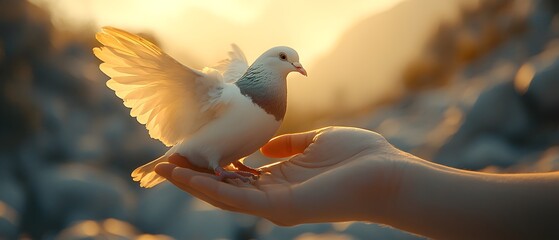 a close-up of hands releasing a white pigeon into a scenic, blurred background of mountains and sky. freedom and peace, white pigeon release © THE IZEL ART