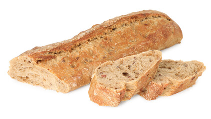 Cut freshly baked baguette isolated on white