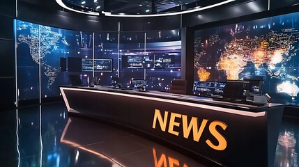 Modern news studio set with world map displays and news desk.