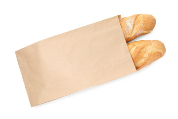 Freshly baked baguettes in paper bag isolated on white, top view