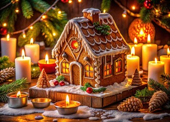 A warm, glowing gingerbread house, bathed in candlelight, holidays.