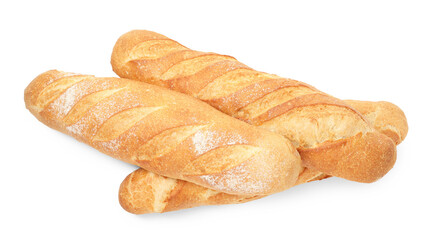 Three freshly baked baguettes isolated on white, top view