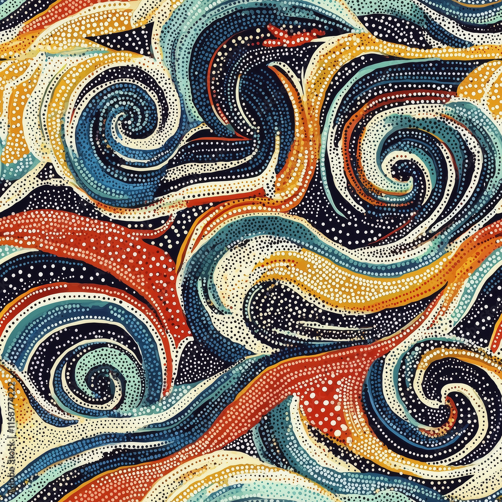 Poster vibrant swirling patterns in blue, orange, and cream reminiscent of waves, creating a dynamic and co