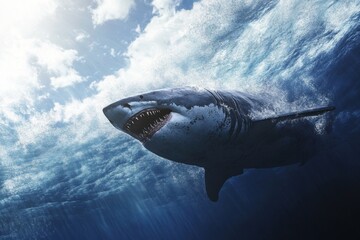 Great white shark swims under water in bright sunlight with splashing waves