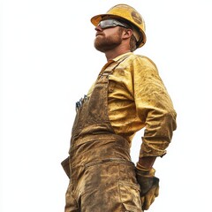 Fototapeta premium Professional Technician in Overalls and Safety Glasses Isolated on White Background for Industrial, Technical, and Safety Equipment Concepts