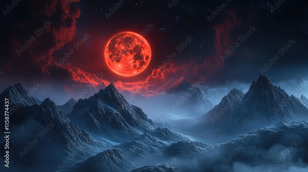 Poster a stormy mountain range illuminated by the intense glow of a red moon, creating a dramatic and myste
