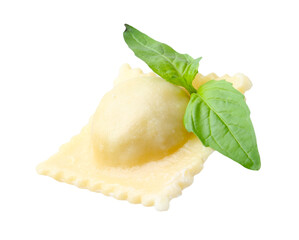One delicious ravioli with cheese and basil isolated on white