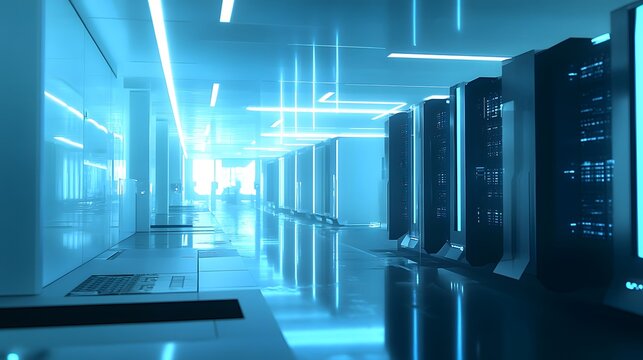 Futuristic Server Room Corridor with Blue Lighting