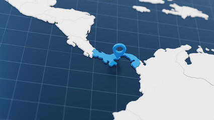Blue Panama 3d map with pointer pin surrounded with other countries in white. Europe political map with borders. 3d render illustration