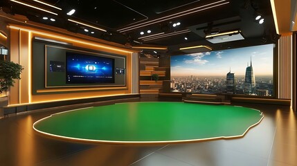 Modern TV studio with green screen and city backdrop.