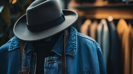 Grey fedora hat covering face on mannequin wearing denim jacket in clothing store