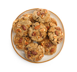 Tasty cookies with nuts isolated on white, top view