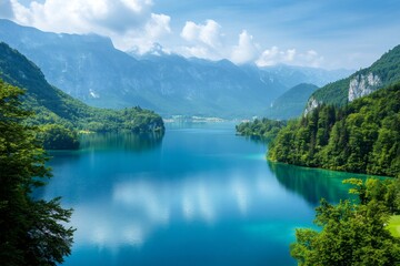 Fototapeta premium Breathtaking lake bohinj surrounded by julian alps reflecting majestic clouds on sunny summer day