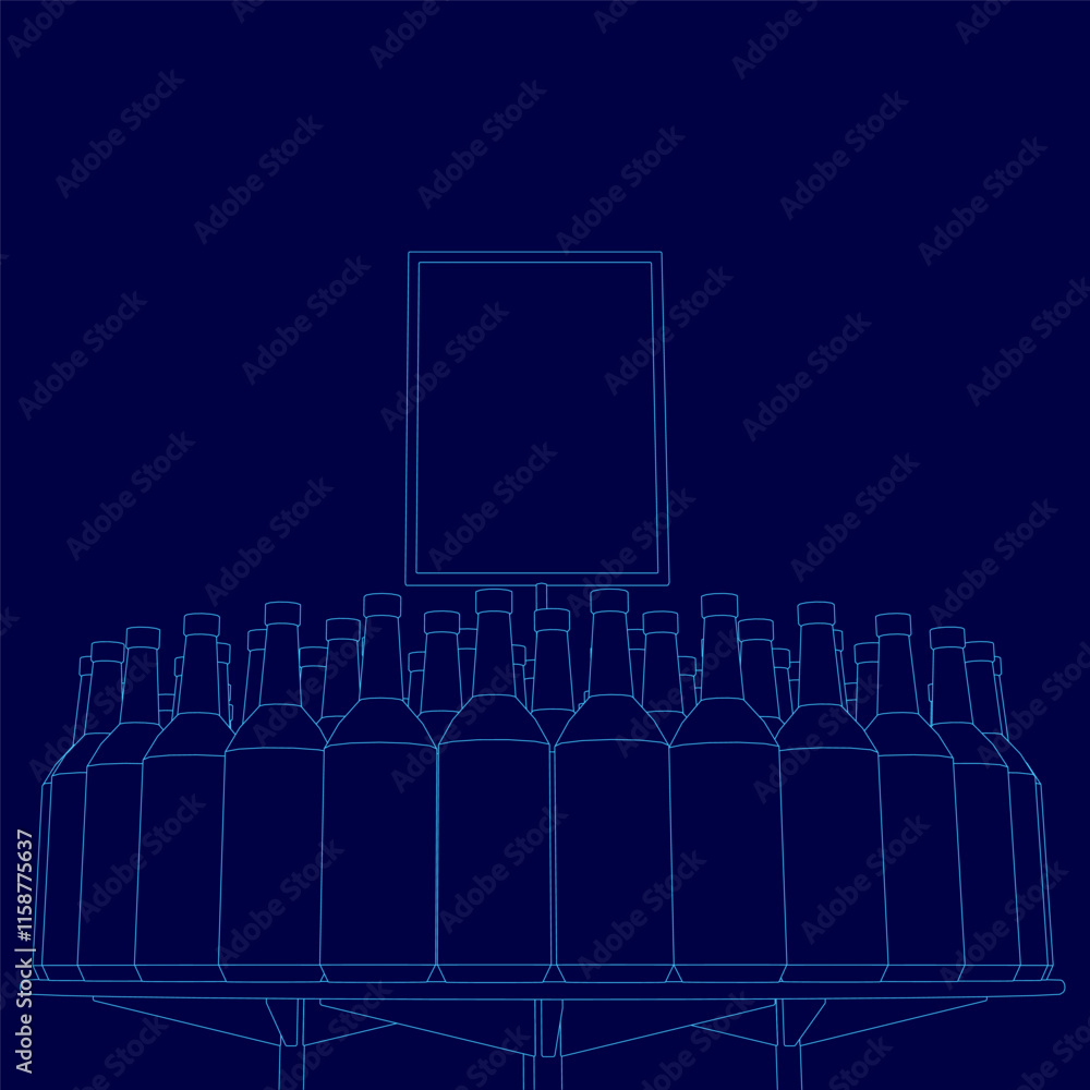 Poster Blue background with a large number of bottles. The bottles are arranged in a circular pattern. Concept of abundance and abundance of bottles