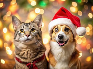 AI-crafted Christmas image of a cat and dog in Santa hats.