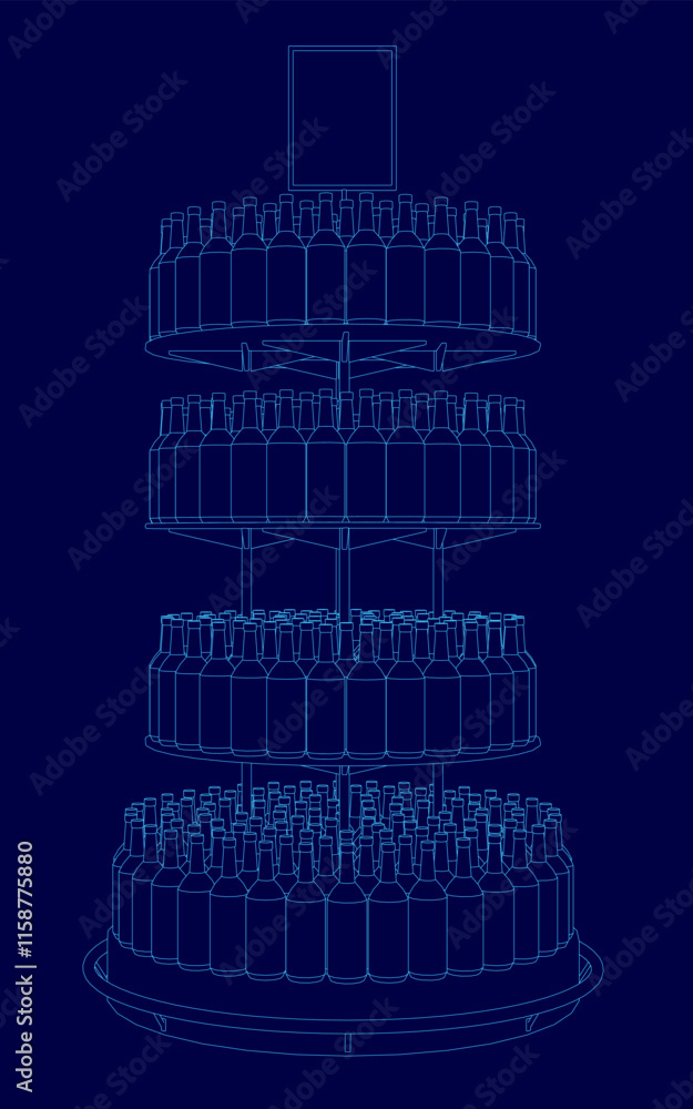 Poster blue image of a tower with many levels. the tower is made up of many bottles