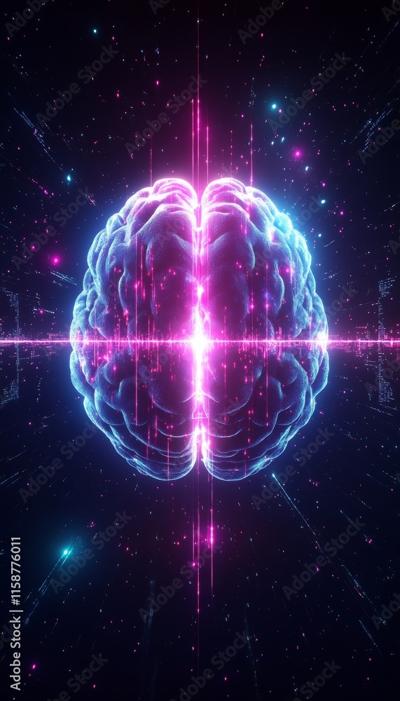 Poster music and memory a harmonious connection, brainwave visualization in synthwave colors