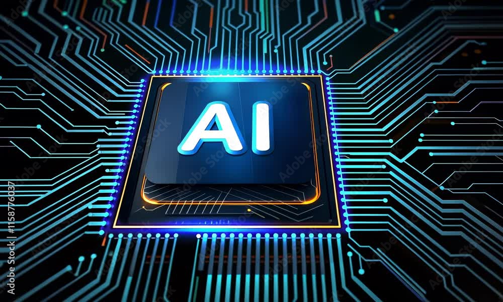 Poster ai revolution: a futuristic high-tech computer chip emphasizing artificial intelligence