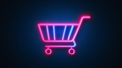Neon shopping cart icon on dark background.