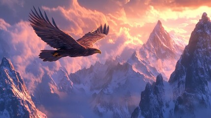 Fototapeta premium Majestic eagle soaring over snowy mountain peaks during vibrant sunset, picturesque nature scene, serene landscape photo