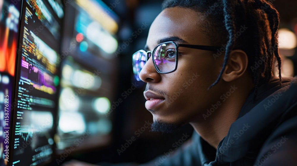 Poster Focused programmer working on computer code in office at night