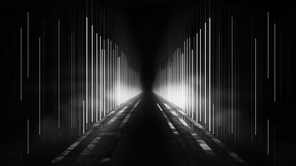 Black and White Lines Creating Optical Illusion of Geometric Tunnel or Wormhole with Vertical Stripes and Depth