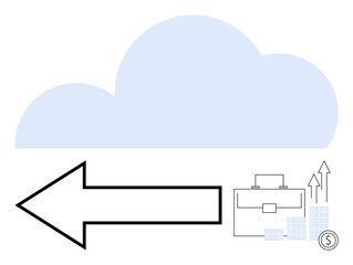 Left-facing arrow pointing towards cloud, briefcase, stack of coins, bar graph and line chart with upward arrows indicating business growth. Ideal for business, finance, cloud services, technology