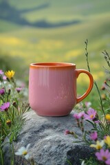 Obraz premium Ceramic pink coffee cup on rock surrounded by wildflowers in spring meadow