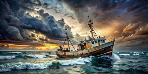 Obraz premium AI-generated fishing boat portrait, ocean backdrop, stunning seascape, nautical.