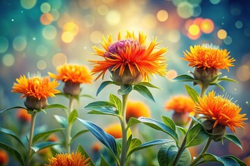 Fototapeta premium AI-generated safflower bloom, vibrant watercolor bokeh.