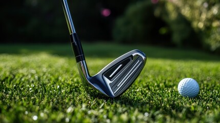 Golf clubs and balls on lush green grass in morning,playing golf,sport outdoor,golfing club for winning stroke or score,game joyful and happy concept.