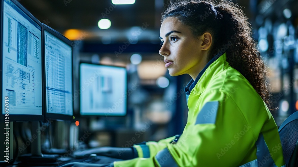 Poster industrial engineer working on computer in control room of a factory, monitoring production process