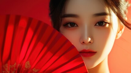 Young woman wearing traditional cheongsam qipao dress on red background,Chinese new year 2025 concept,Red snake,blessing, wealth with copy space for your text.