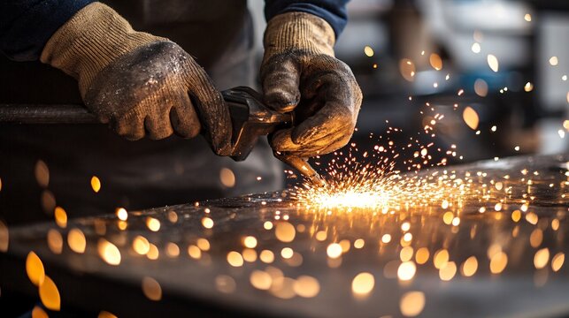 Worker using blowtorch creating sparks on metal surface