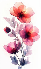 Fototapeta premium Three Vibrant Flowers (Red, Pink, Green, Purple), Minimalistic Digital Illustration Against Grey Backdrop, Suitable for Design Projects
