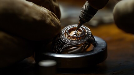Watchmaker repairing complicated luxury wristwatch with diamonds and gold